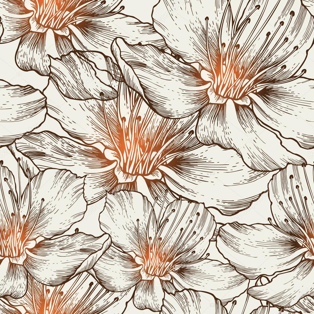 Glamorous seamless background with blooming flowers, hand drawin