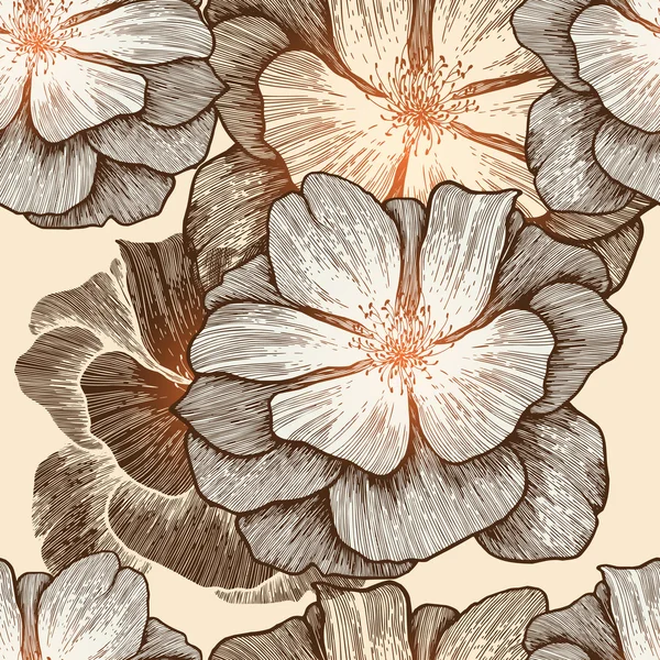 Papel pintado sin costuras Glamour con rosas silvestres, dibujo a mano. Vector — Vector de stock