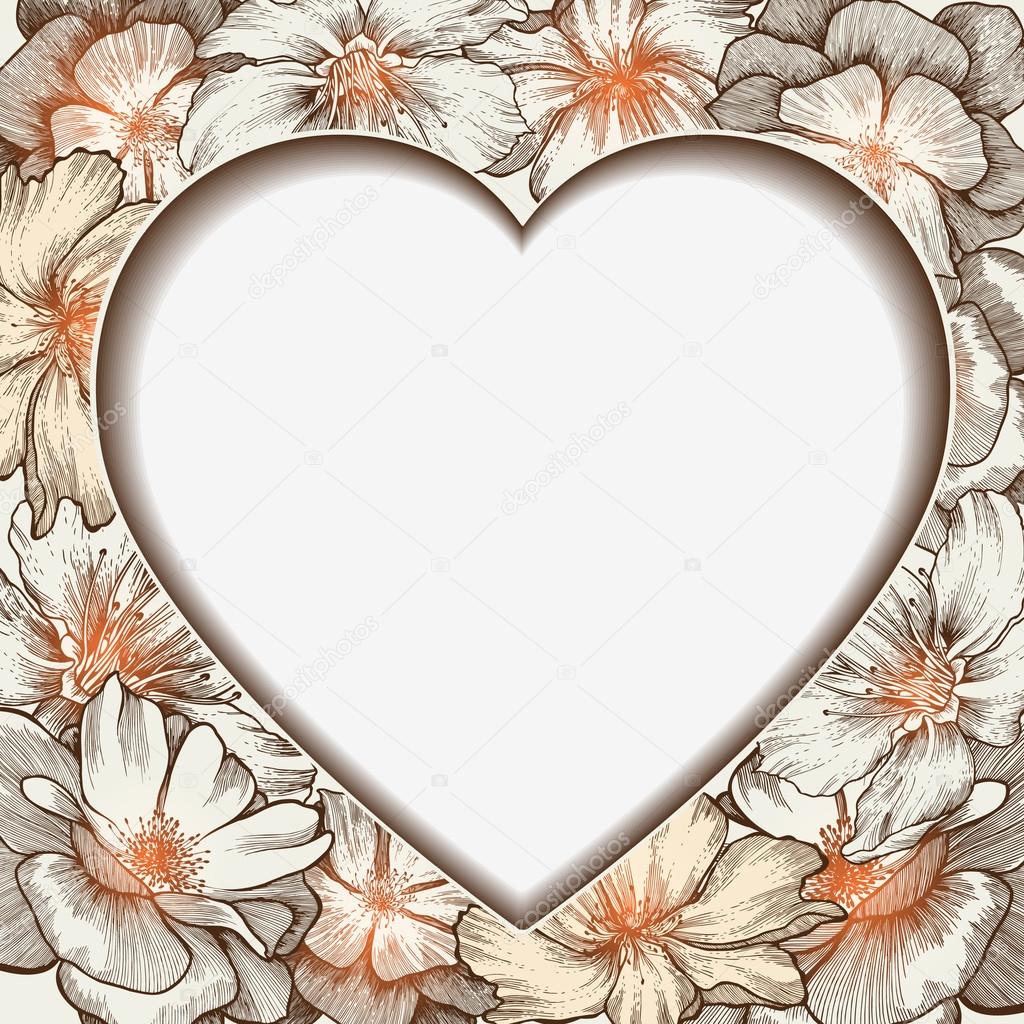 Heart frame with glamorous roses, hand-drawing. Vector illustrat
