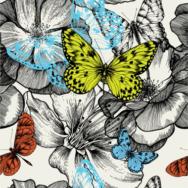 Seamless pattern with blooming roses and flying butterflies
