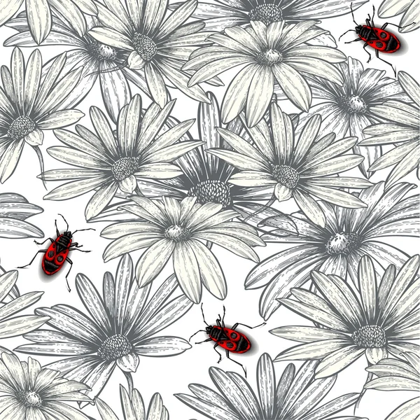 Patrón floral sin costuras con escarabajos rojos. Ilustración vectorial . — Vector de stock