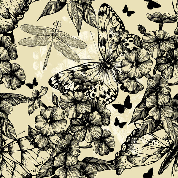 Seamless pattern with blooming phlox, butterflies and dragonflie