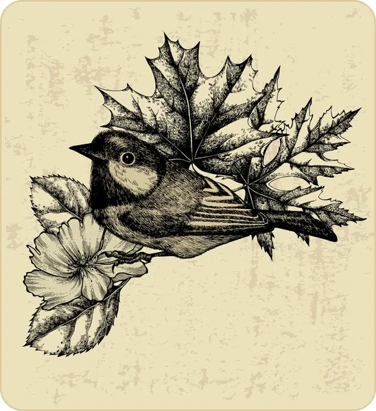 Ilustración vectorial del pájaro titmouse, hojas y rosa salvaje . — Archivo Imágenes Vectoriales