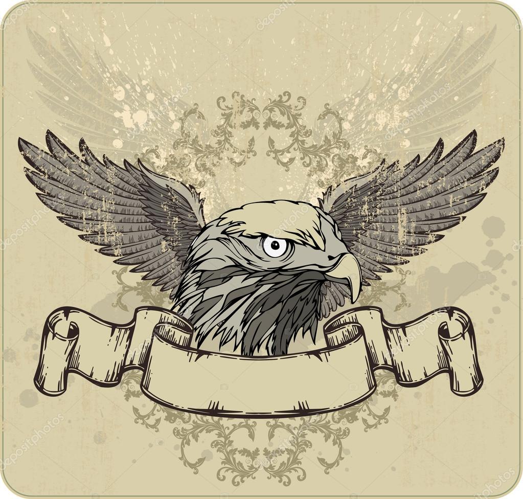 Emblema un águila, alas y bandera vintage. Ilustración vectorial. 2023