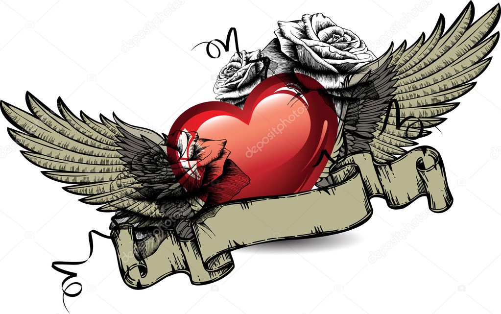 Emblem with red hearts, roses and wings. Vector illustration.