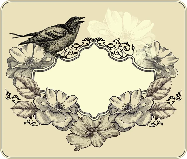 Vintage frame with bird and blooming roses. Vector illustration. — Stock Vector