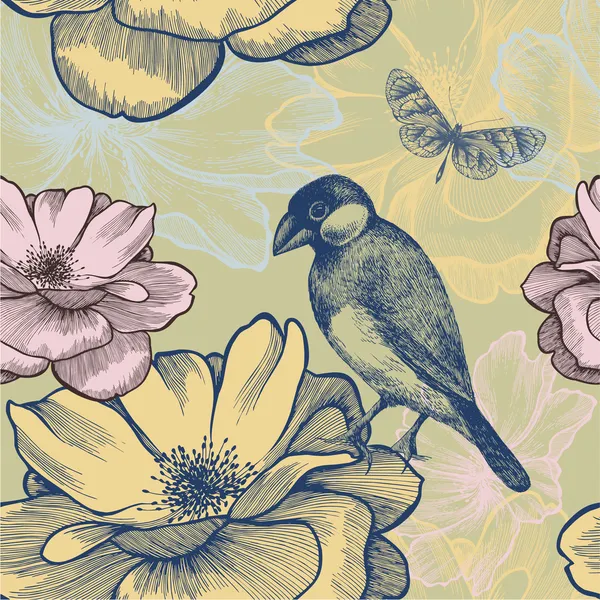 Безшовний фон з птахами, трояндами та метеликами. Векторний ігуа — стоковий вектор