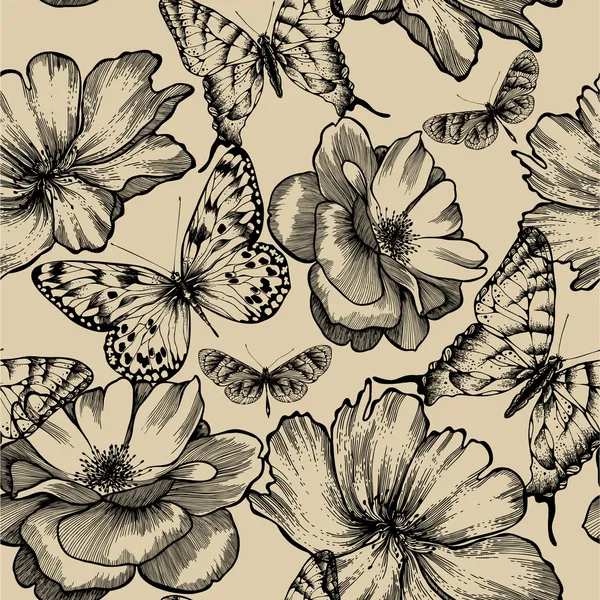 Seamless pattern with roses and butterflies, hand drawing. Vecto