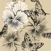 bezešvé vzor macešky a motýly. vektorové illustrati