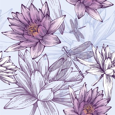 Seamless pattern with water lilies and dragonflies. Vector illus clipart