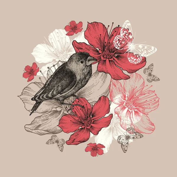 Fond de fleur avec oiseau, papillon et pommiers à fleurs — Image vectorielle