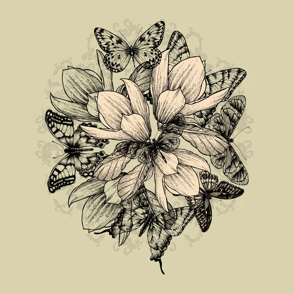 Fondo floral con flores de magnolia y mariposas. Vector — Vector de stock