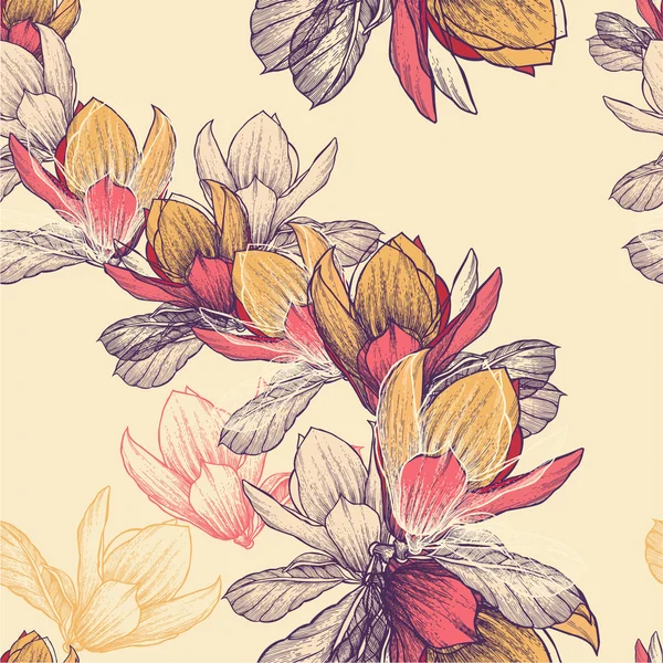 Modello senza cuciture con fiori di magnolia in fiore, disegno a mano. V — Vettoriale Stock