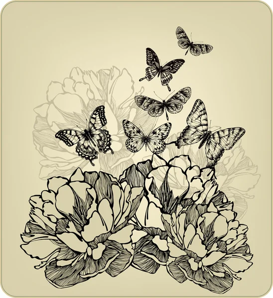 Fondo vintage con flores y mariposas voladoras, hand-dra — Vector de stock