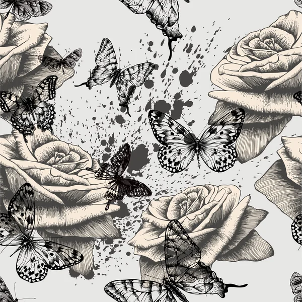 Motif sans couture avec des roses en fleurs et des papillons noirs. Vecte — Image vectorielle