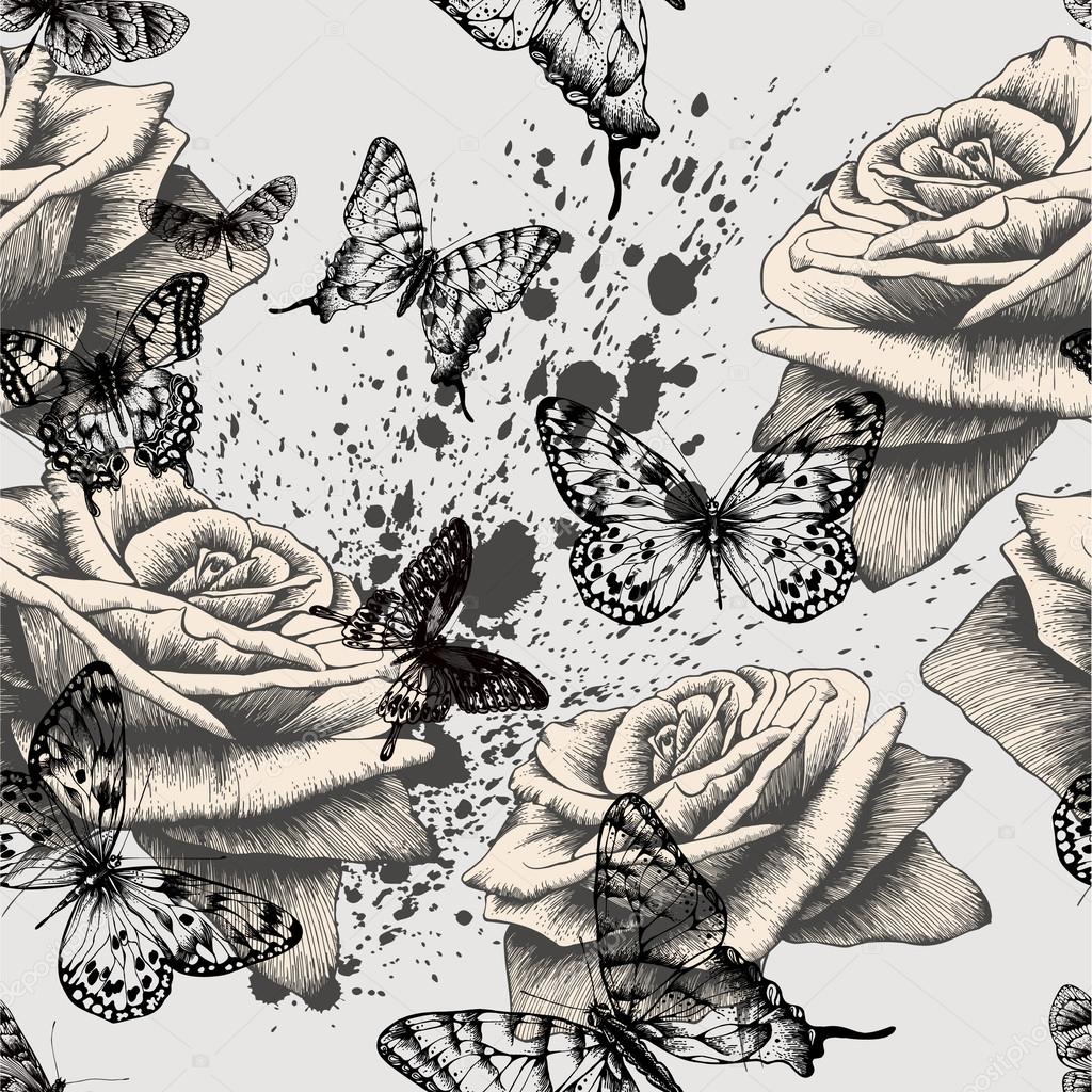 Seamless pattern with blooming roses and black butterflies. Vect