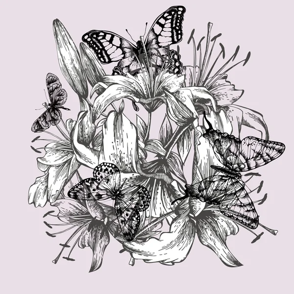 Floral background with lilies and black butterflies. Vector illu — Stock Vector