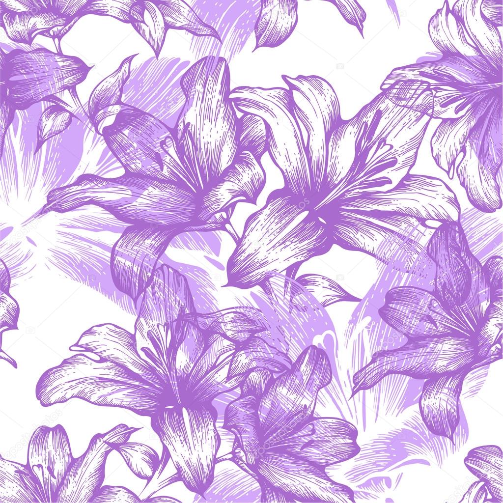 Seamless pattern with blooming lilies. Vector illustration.