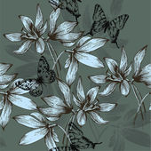 bezešvé vzor modré květiny a motýli, ruční kreslení
