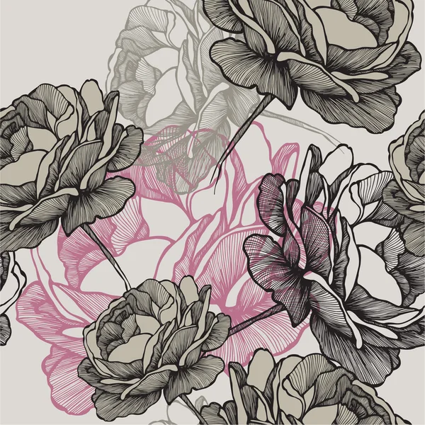 Seamless pattern with blooming roses on gray background, hand drawing. Vector illustration. Royalty Free Stock Illustrations