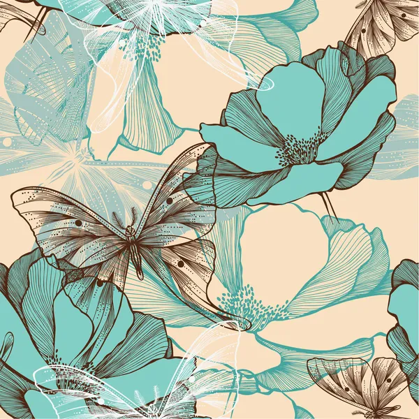 Bezešvé vzor s abstraktní květy a dekorativní butterflie — Stockový vektor