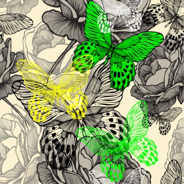 çiçeklenme yaban gülü ve renkli butterfli ile Seamless Modeli