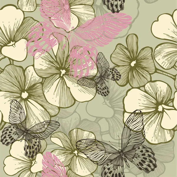 Seamless mönster med blommande pelargoner och fjärilar, hand-d — Stock vektor