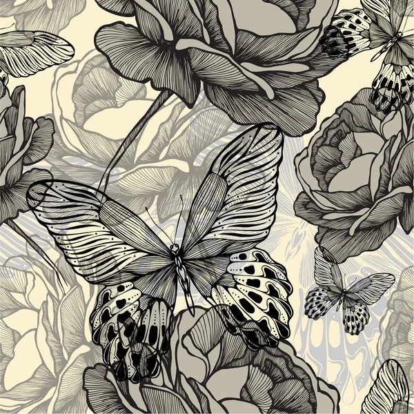 Бесшовный узор с цветущими дикими розами и декоративной бабочкой — стоковый вектор