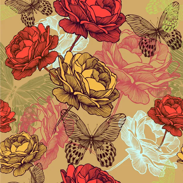バラの花とカラフルなバターとのシームレスなビンテージ パターン — ストックベクタ