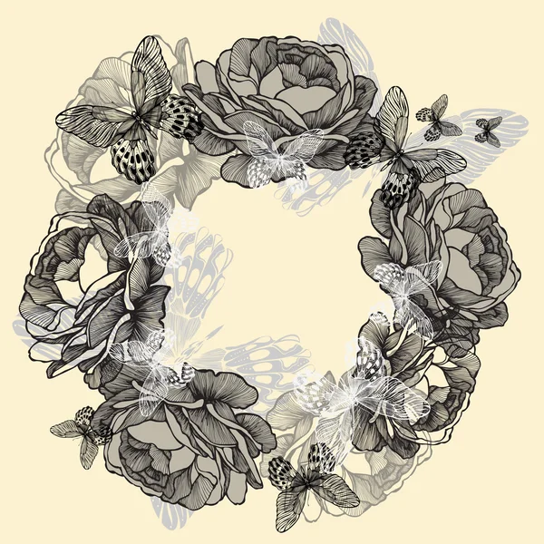 Couronne de roses, papillons, dessin à la main. Illustration vectorielle . — Image vectorielle