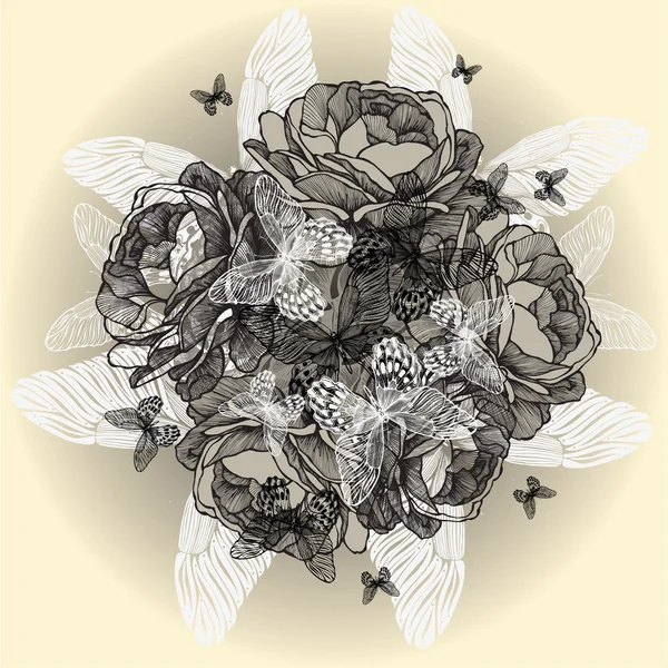 バラ、蝶、手描きのヴィンテージの花の背景。v — ストックベクタ