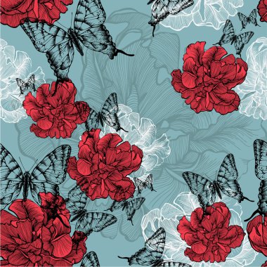 kırmızı lale ve siyah kelebekler ile Seamless modeli. Ben vektör