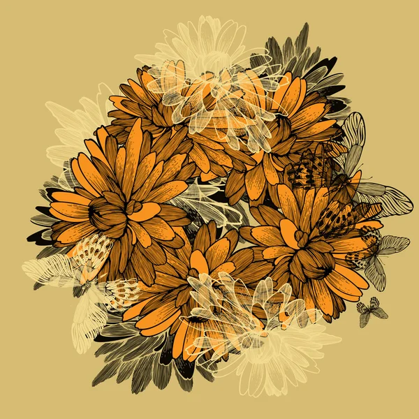 Fond floral avec des chrysanthèmes jaunes et des papillons. Ha ! — Image vectorielle