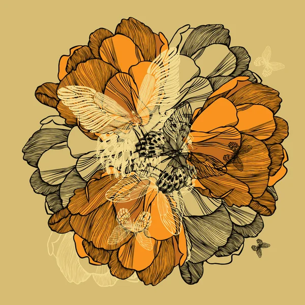 黄色のチューリップと蝶と花の背景。ベクトル病気 — ストックベクタ