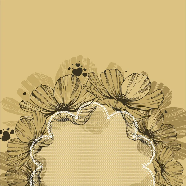Hintergrund mit Blumen, Spitzenrahmen und Herzen. Vektorillustration — Stockvektor