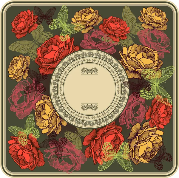 Cadre vintage avec roses et papillons, illustration vectorielle . — Image vectorielle