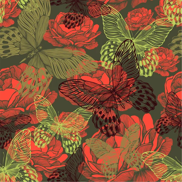 Vintage seamless pattern with butterflies and roses. Vector illu — Stock Vector