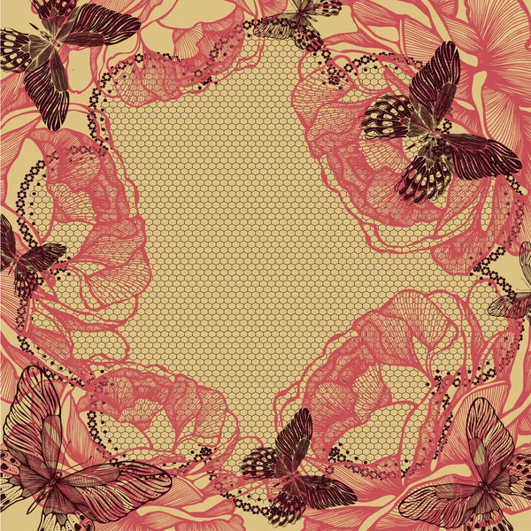 Fondo de flores con encaje, rosas y mariposas. Vector illus — Vector de stock