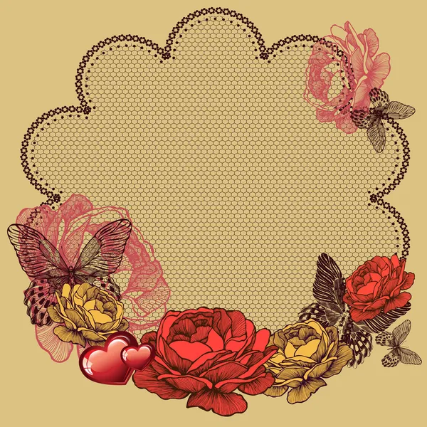 Arrière-plan avec des roses en fleurs, serviette en dentelle et papillons. Végétaux — Image vectorielle