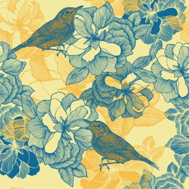 Dikişsiz desen gül ve kuş karatavuk. vektör illustrat