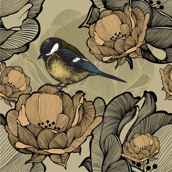 鳥シジュウカラでもとのシームレスな花柄。ベクトル イラスト. — ストックベクタ