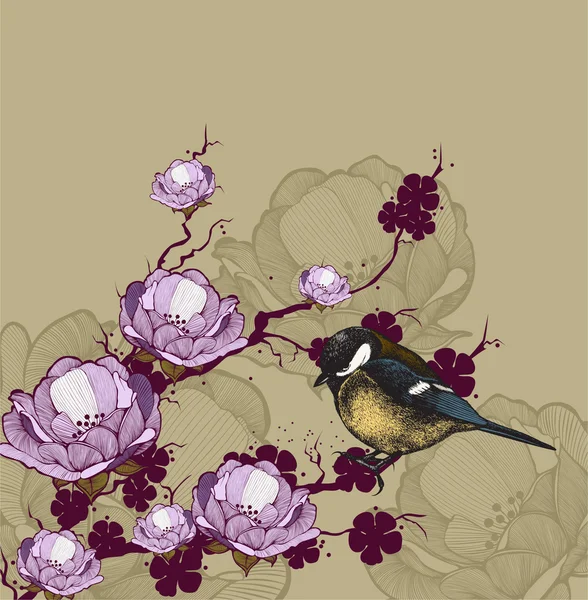Achtergrond met bloeiende tak en vogel Mees, hand-tekening — Stockvector