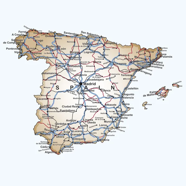 Routekaart van Spanje — Stockvector