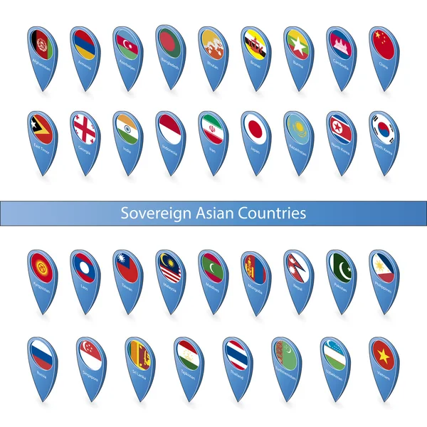 Pin banderas de los países soberanos asiáticos — Vector de stock