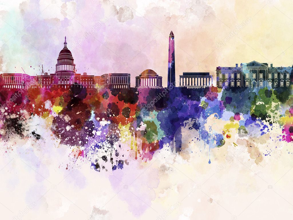 Washington DC skyline in watercolor background