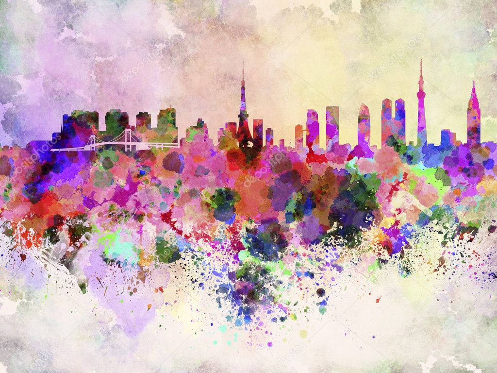 Tokyo skyline in watercolor background