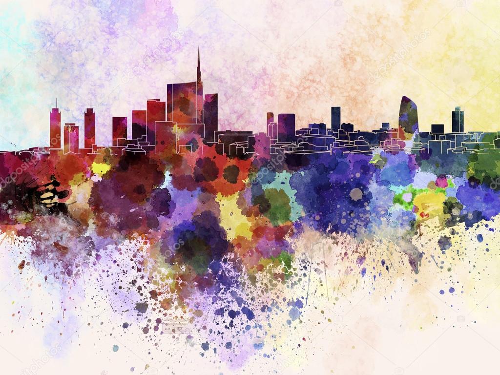 Milan skyline in watercolor background