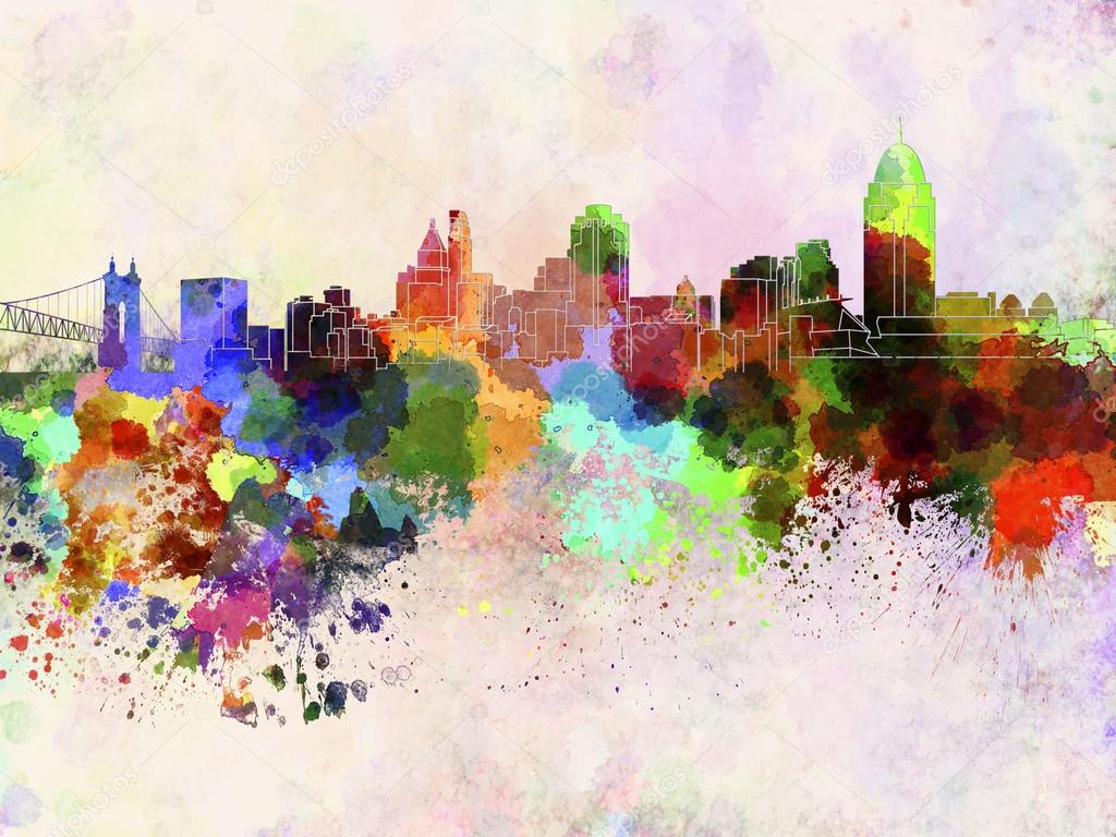 Cincinnati skyline in watercolor background