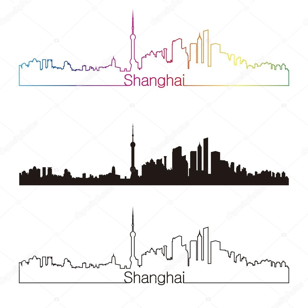 Shanghai skyline linear style with rainbow