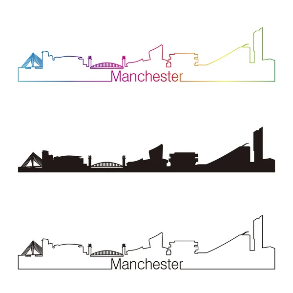 Manchesters skyline linjär stil med regnbåge — Stock vektor